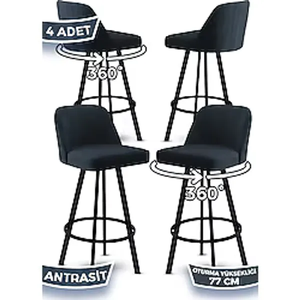 Canisa Atex Serisi 4 Adet Antrasit Sandalye 360°c Döner Bar Sandalyesi Babyface Kumaş Siyah Metal Ayaklı