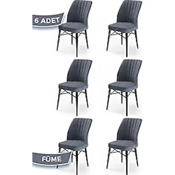 Canisa Concept Flex Serisi Üst Kalite Mutfak Sandalyesi Gürgen Siyah Ahşap Ayak 6 Adet Sandalye, - Füme