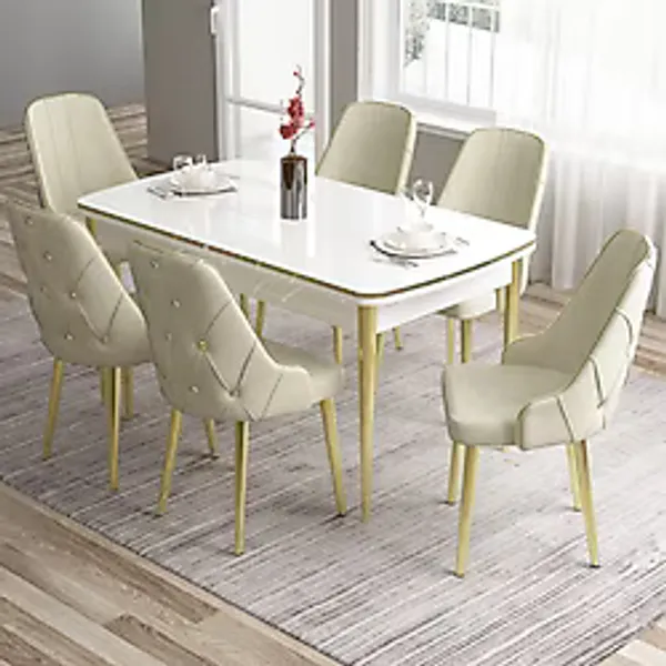 Canisa Concept Tia Serisi, Beyaz Masa,80x132 Açılabilir Mdf Yemek Odası Takımı 6 Krem Sandalye Gold Detay