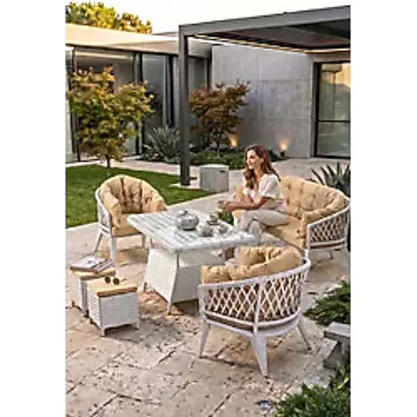 Canisa Liatris Serisi 1. Sınıf 3+1+1+2 Puf Beyaz Rattan Cappucino Minder Bahçe Balkon Oturma Koltuk Takım