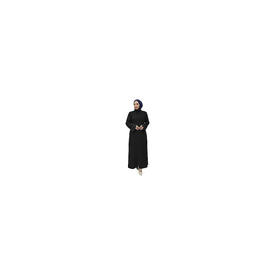 CANSEN KADIN LÜX KREP KUMAŞ KOLU TAŞLI KEMERLİ ABAYA ABİYE FERACE SİYAH 50