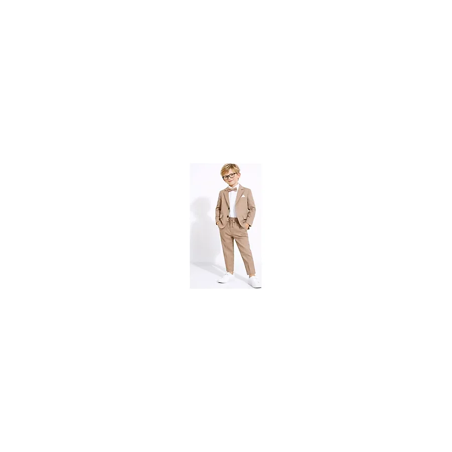 Cansın Mini Kahverengi Keten Ceket ve Pantolonlu Erkek Çocuk Papyonlu 4lü Takım Elbise 23523 - 1 - 2 Yaş