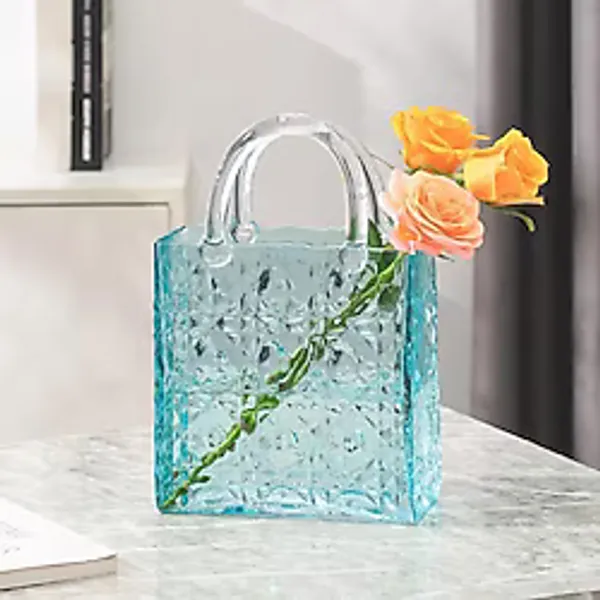 Çanta Vazo Köşeli Model Cam Çiçek Vazosu Dekoratif Mavi Vazo Büyük Boy Glass Bag Vase