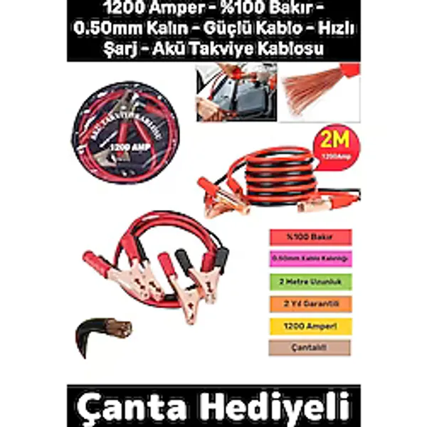 Çantalı 1200 Amper Oto %100 Bakır 0.50MM Kalın Kablo Güçlü Hızlı Şarj Akü Takviye Aktarım Kablosu