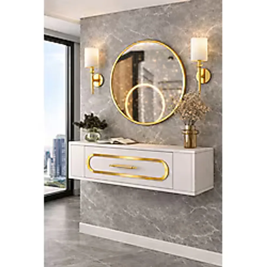 Cantek Dizayn D7048-7048-D-128 120CM Duvara Monte Tek Kapaklı Dresuar Beyaz-Altın - Beyaz - Altın