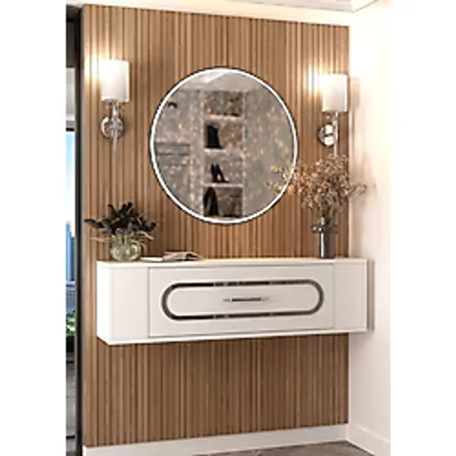 Cantek Dizayn D7048-7048-D-128 120CM Duvara Monte Tek Kapaklı Dresuar Beyaz-Gümüş - Beyaz - Gümüş
