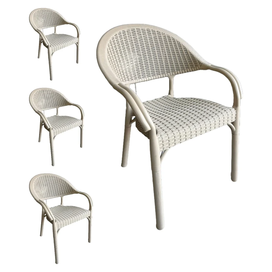 Capissi Plastik Sandalye Bambu Rattan Bahçe Teras Balkon Mutfak Sandalyesi - Cappuccino - 4 lü set