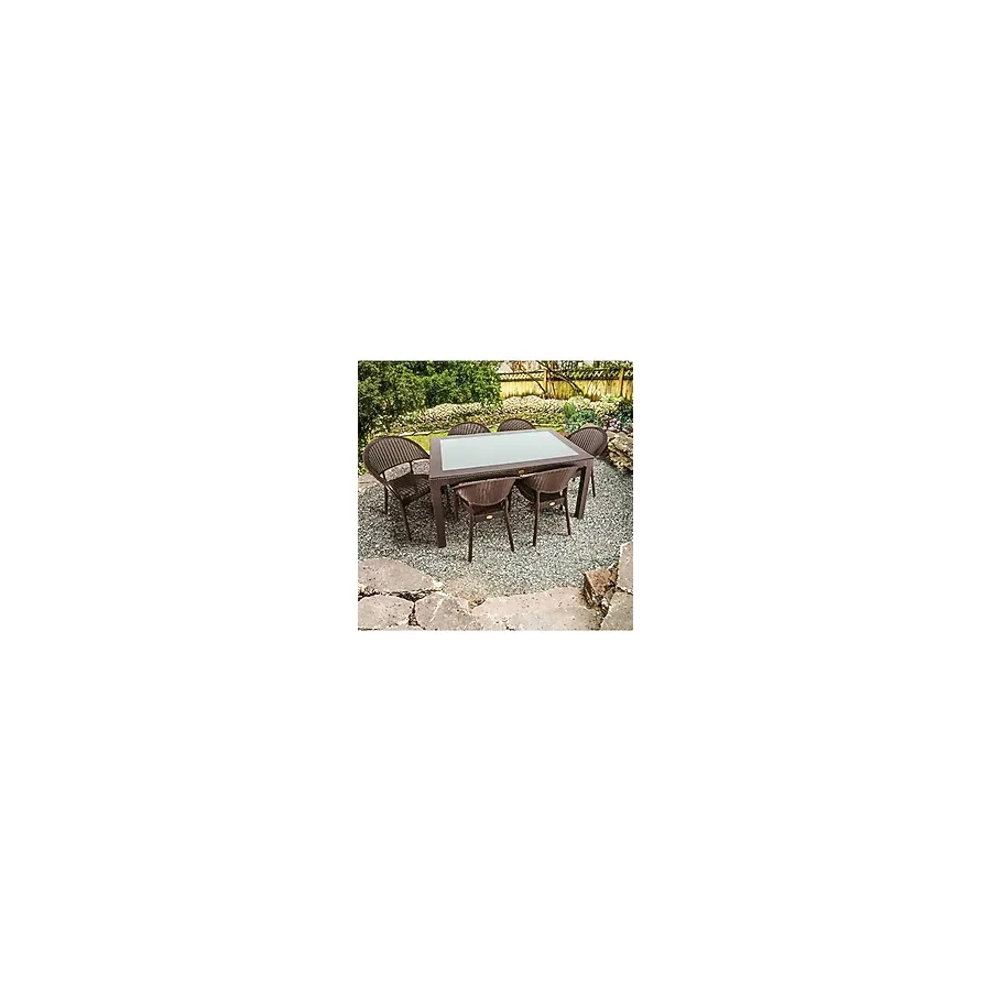 Capissi Rattan Masa Takımı 90X150 Camlı Masa 6 Kişilik Bambu Sandalye Seti Bahçe Balkon Teras Takımı - Kahverengi