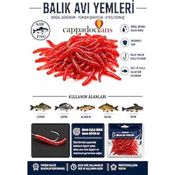 Cappadocians Silikon Solucan Suni Balık Yemi & Av Malzemeleri Sazan - Levrek - Turna Balıkları, 100 Adet 3,5 Cm Küçük Boy, Kırmızı, Esnek Yapı