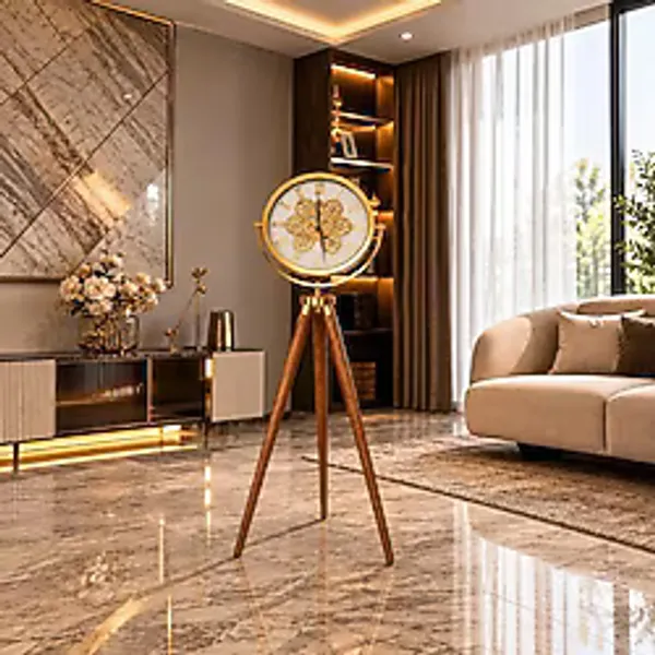 Çarklı Saat Ahşap Tripod Ayaklı 150cm Gold Metal Kasa Muyika Salon Ve Ofis Büyük Saat Ceviz