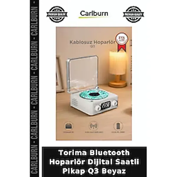 Carlburn Torima Bluetooth Hoparlör Dijital Saatli Pikap Q3 Beyaz Dekoratif Saat Hediyelik Eşya Ofis Aksesuarı