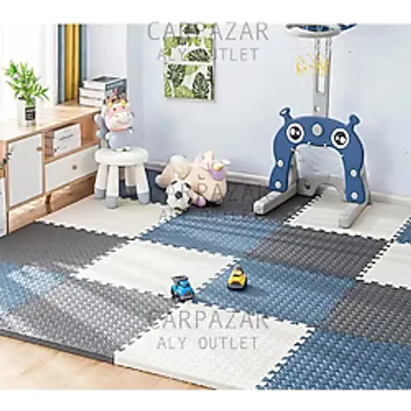 Carpazar Damla Desen Tatami Eva Spor Yoga Pilates Oyun Matı Halısı Minderi Puzzle 50X50 13MM 8 Adet 100X200 - Mavi - Beyaz - Siyah - 50 x 50 cm