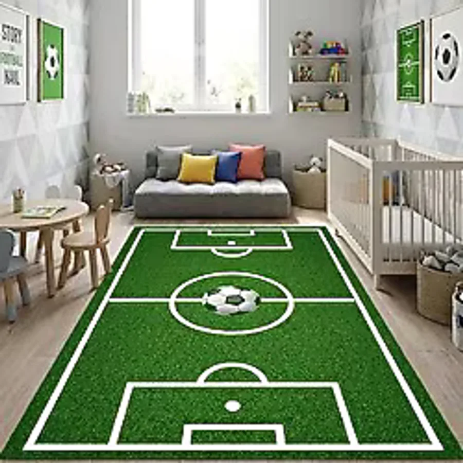 Carpettex Futbol Sahası Desenli Çocuk Odası Halısı - Kaymaz Tabanlı Yıkanabilir Dijital Baskı Halı Dijital Yeşil