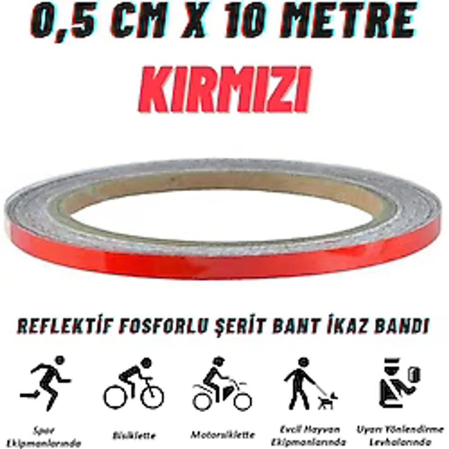Carub Reflektif Fosforlu Şerit Bant 0,5 Cm X 10 Metre Kırmızı İkaz Bandı BR2405002