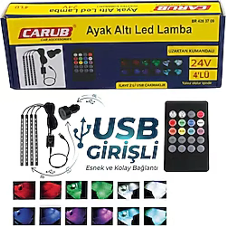 Carub USBli Araç İçi Ayak Altı Led Sese Duyarlı Müziğe Duyarlı 12'li - Rgb USB li 12V/24v uyumlu