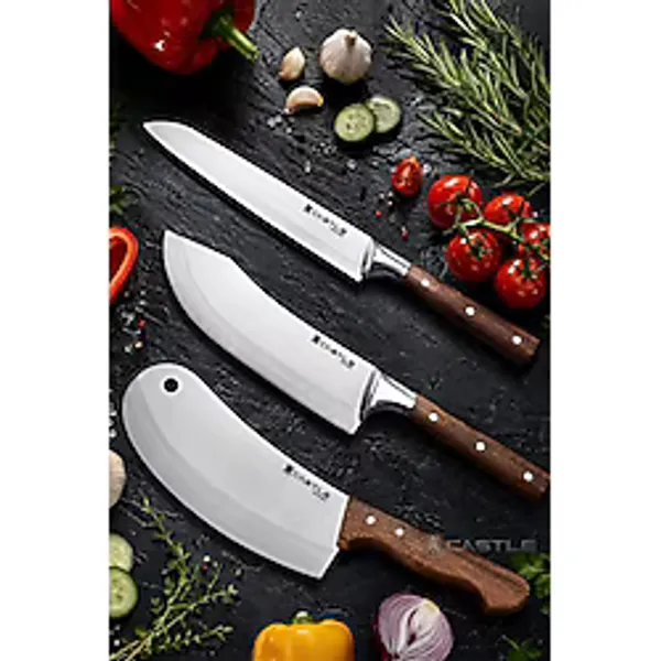 Castle Hand Craft Mutfak Bıçak Seti Et Ekmek Sebze Salata Şef Bıçağı 3 Lü Set Günlük Kullanım ( MFT-090 )