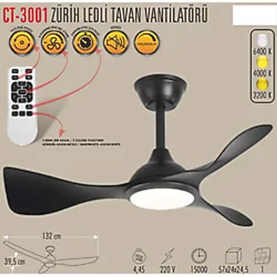 Cata CT-3001 Zurih Ledli Tavan Vantilatörü Metal Malzemeden Siyah Renk Salon Kullanımı İçin