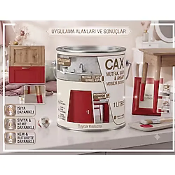 CAXCOLORS Cax 1 Litre Masa ve Sehpa Boyası - Çok Amaçlı Ahşap, Mobilya ve Sehpa Ahşap Boyası (Kendinden Vernikli) - Bayrak Kırmızı