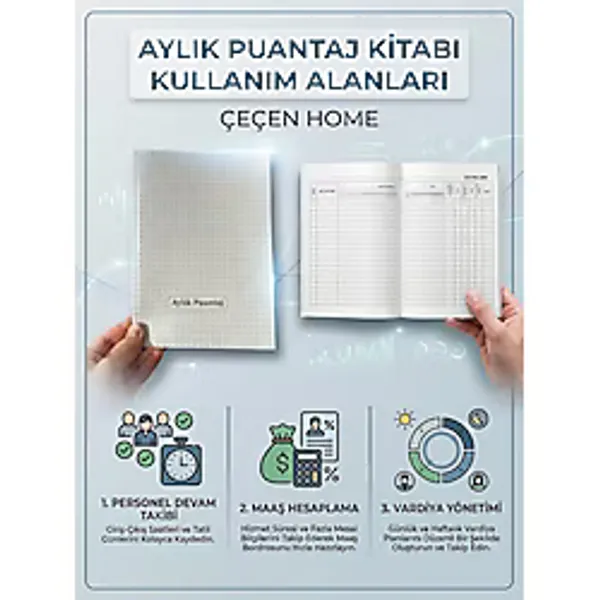 ÇEÇEN HOME (2 ADET) Personel Devam Takip Defteri Aylık Puantaj Kitabı Maaş Hesaplama İşçi Yoklama Çizelgesi Vardiya Yönetim Cetveli Şantiye Ofis Ön Muhasebe Kayıt Evrakı Matbu Ticari İşletme Kırtasiye