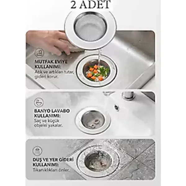 ÇEÇEN HOME 2'li (İç Daire:4,5 cm Dış Daire:7 cm) Paslanmaz Çelik Lavabo & Eviye Süzgeci -Tıkanıklık Önleyici Mutfak Banyo Yer Gideri Filtresi