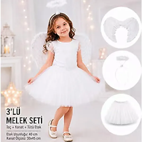 Ceki Home Çocuk Beyaz Melek Kostüm Seti - Melek Kanadı, Taç ve Tütü Etek 3'lü Set - 0-Siyah
