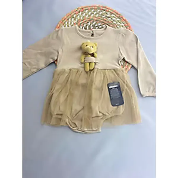 Çekik Bebek Kız Bebek Ayıcıklı Badili Tütü Elbise Hediyelik Bayramlık Elbise - Krem - 9 Ay