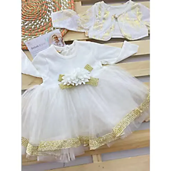 Çekik Bebek Kız Bebek Elbise Bebek Gelinlik Tütülü Çiçekli Bebek Elbisesi Mevsimlik Elbise Kollu Elbise - Beyaz - 9 Ay