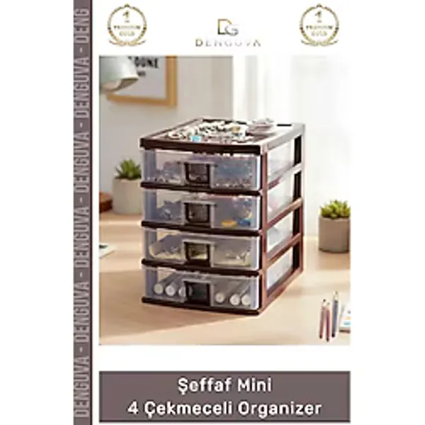 #Çekmece Masaüstü Ofis Ev Tipi Takı Makyaj Kırtasiye Hobi Şeffaf Plastik Mini 4 Çekmeceli Organizer - 1 Adet