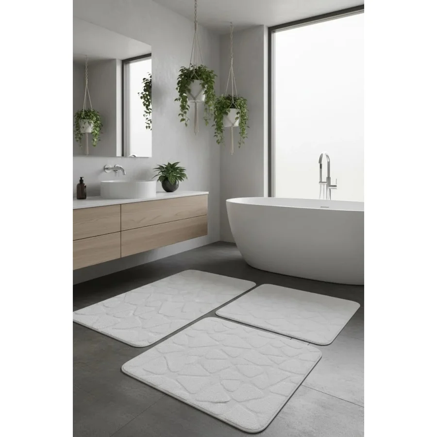 Çelebihome Beyaz Pamuk Banyo Paspası Makinede Yıkanabilir Kaymaz Taban Su Emici 3'lü Takım Banyo Paspası