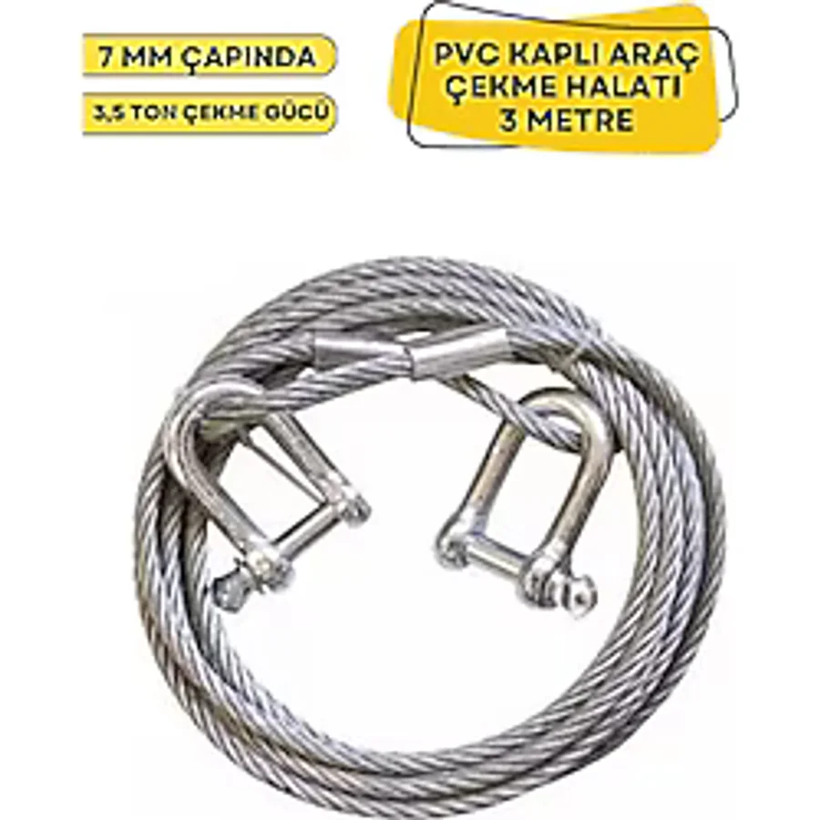 Çelik Araç Çekme Halatı 7 Mm Pvc Kaplı Çekme Halatı 3 Metre