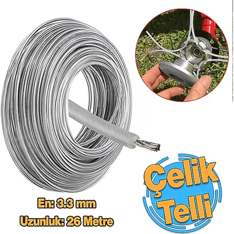 Çelik Telli Motorlu Tırpan Yuvarlak Misina 3.3 Mm 26 Metre Çim Ot Biçme Teli Güçlü Profesyonel