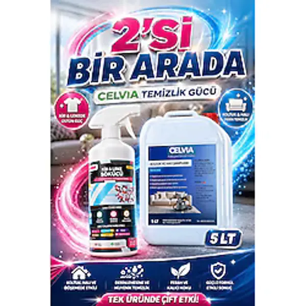 CELVIA Temizlik 2'si Bir Arada Temizlik Seti&Leke Sökücü 1LT+ Koltuk ve Halı Yıkama makine Şampuanı Köpük Ayarlı 5LT