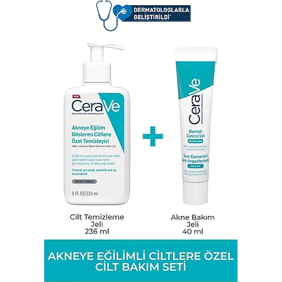 Cerave Yağlı ve Akneye Eğilim Gösteren Ciltlere Özel Temizleyici Jel 236 ML + Cerave Yüz Bakım Jeli 40 ML