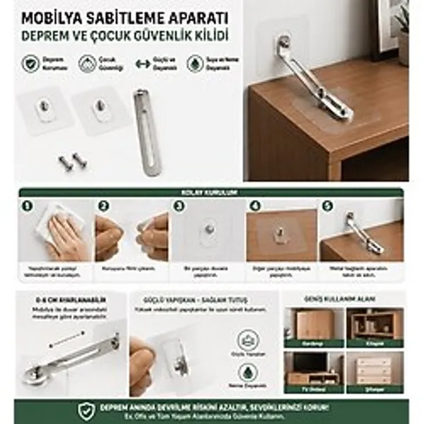 Çerçici 4 Adet - Kendinden Yapışkanlı Mobilya Sabitleme Aparatı Deprem ve Çocuk Güvenlik Kilidi