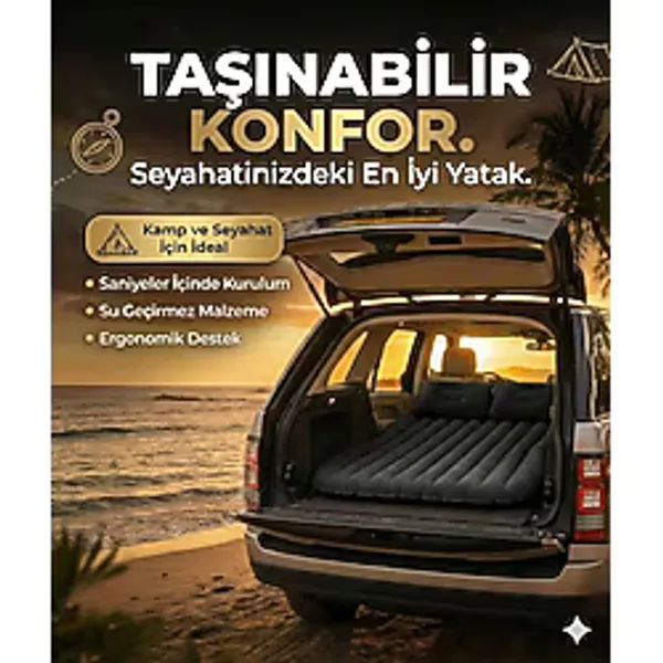 Çerçici Araç Içi Şişme Yatak Araba ve Kamp Yatağı Çanta Elektrikli Pompa Tamir Kiti ve Yastıklı Yatak Seti