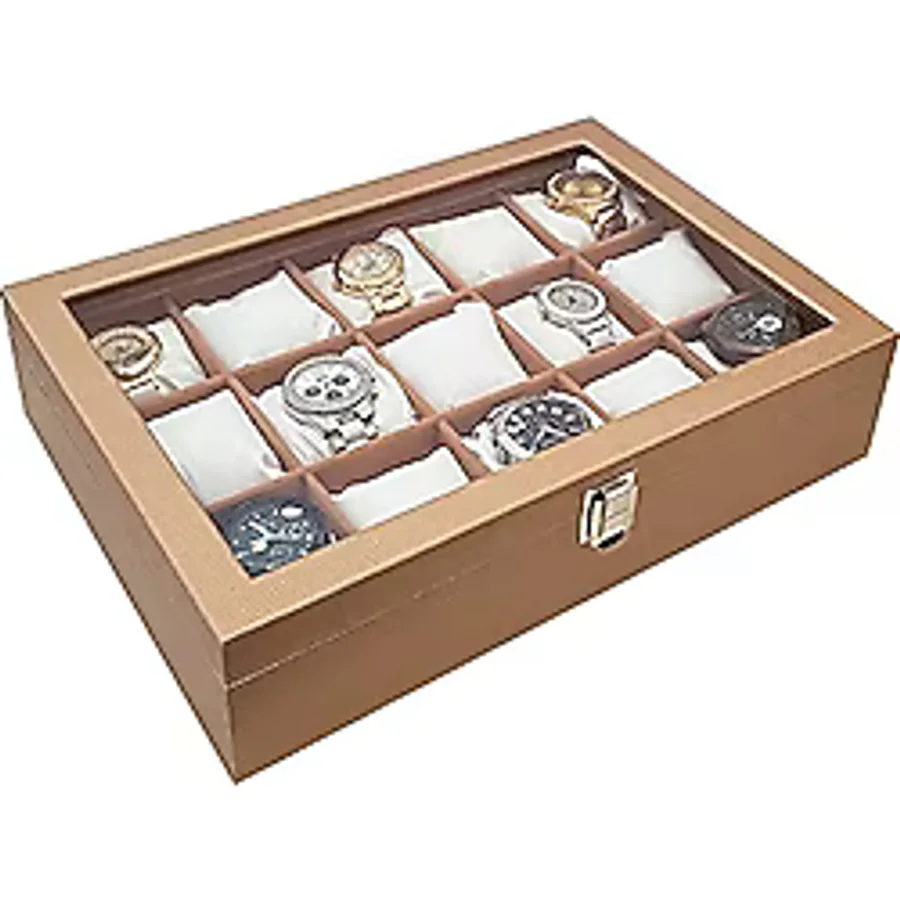 Chavin 15 li Diamond Gold Deri Ahşap Camlı Saat Kutusu st15-57