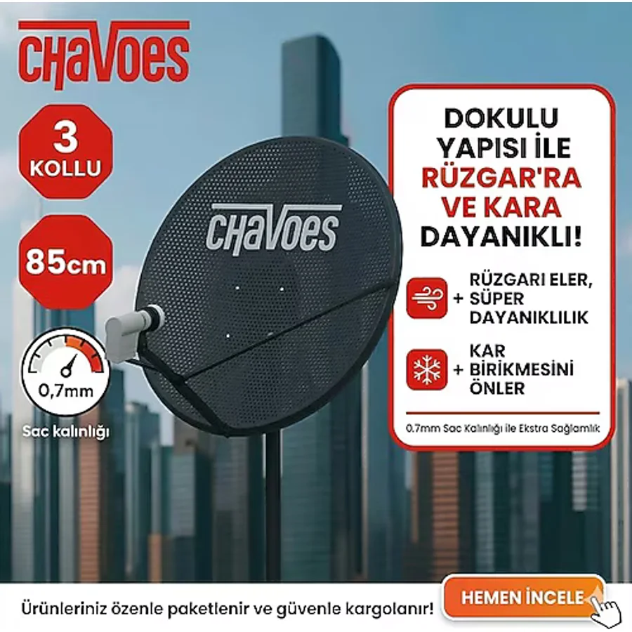 Chavoes Çanak Anten 85CM 3 Kollu Delikli Rüzgara Dayanıklı + Tekli Lnb ve Montaj Seti (Premium Paket)