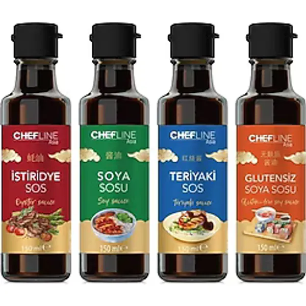 Chefline Asia Glutensiz Soya 150 ml + İstiridye Sos 150 ml + Soya Sosu 150 ml + Teriyaki Sos 150 ml 4'lü - 4 Adet