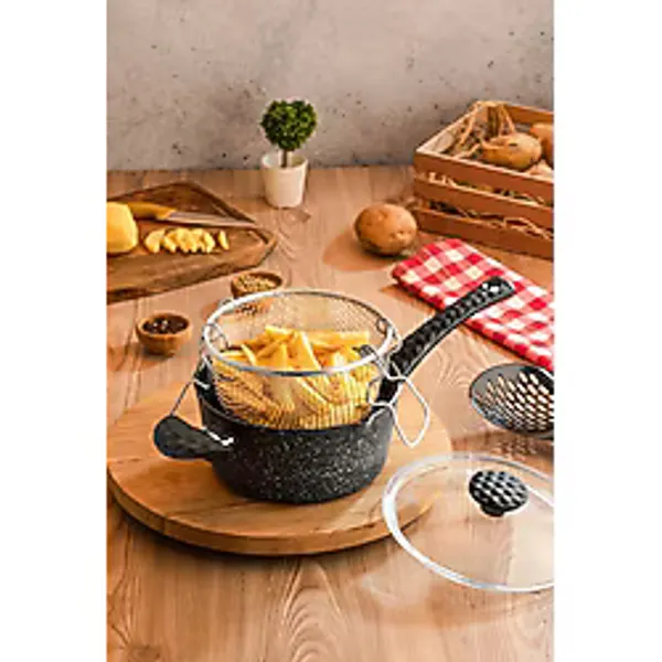Cheflon Granit Patates,Sosis,Cips Kızartma tencere Tavası Fritöz Telli 20 cm Kapaklı