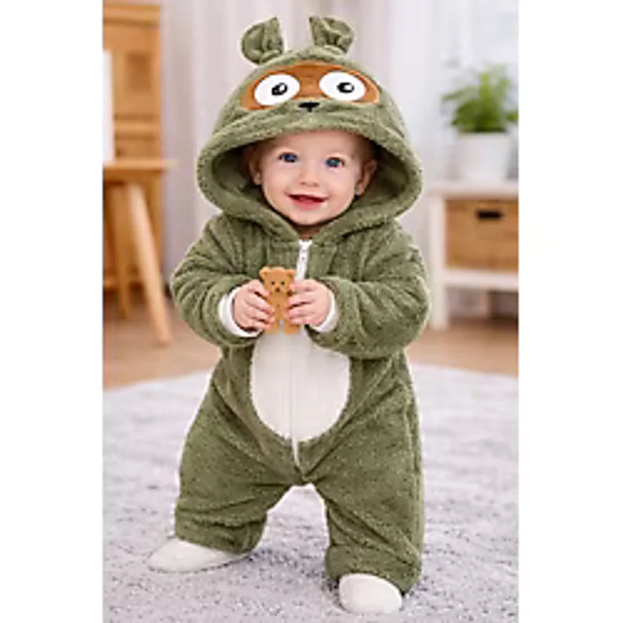 Chicsy Baby Kışlık Tatlı Bebek Peluş Astronot Tulum Kapüşonlu Hayvan Figürlü, Fermuarlı, Yumuşak Kışlık - Haki - 9 - 12 Ay