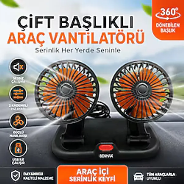 Çift Başlıklı Araç Vantilatörü Usb 12v 360 Dönebilen Sessiz Araç İçi Fan 2 Kademeli Hız Ayarlı Oto Soğutucu
