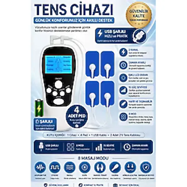 Çift Kanallı 4 Pedli Taşınabilir Fizik Tedavi Tens Masaj Cihazı Şarjlı