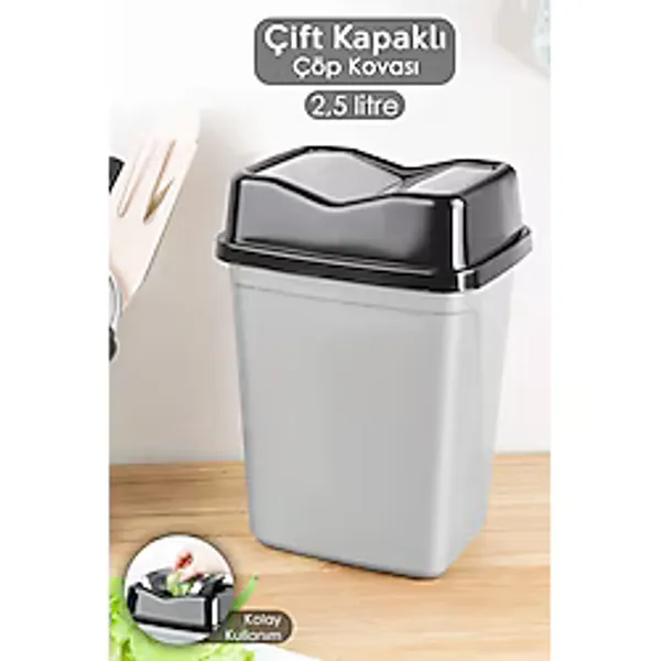 Çift Kapaklı Kelebek Çöp Kovası - Tezgah Üstü Banyo Mutfak Ofis Çöp Kovası 2,5 Litre Gri