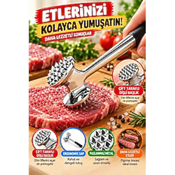 Çift Taraflı Metal Et Döveceği Et Yumuşatıcı Dişli Et Tokmağı Biftek Tavuk Şnitzel Dövme Aparatı 1 Adet