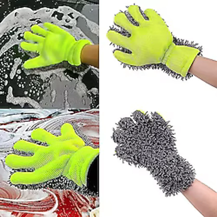Çift Taraflı Mikrofiber Şönil Tüylü 5 Parmaklı Araba Oto Yıkama Temizlik Eldiveni Yeşil Gri