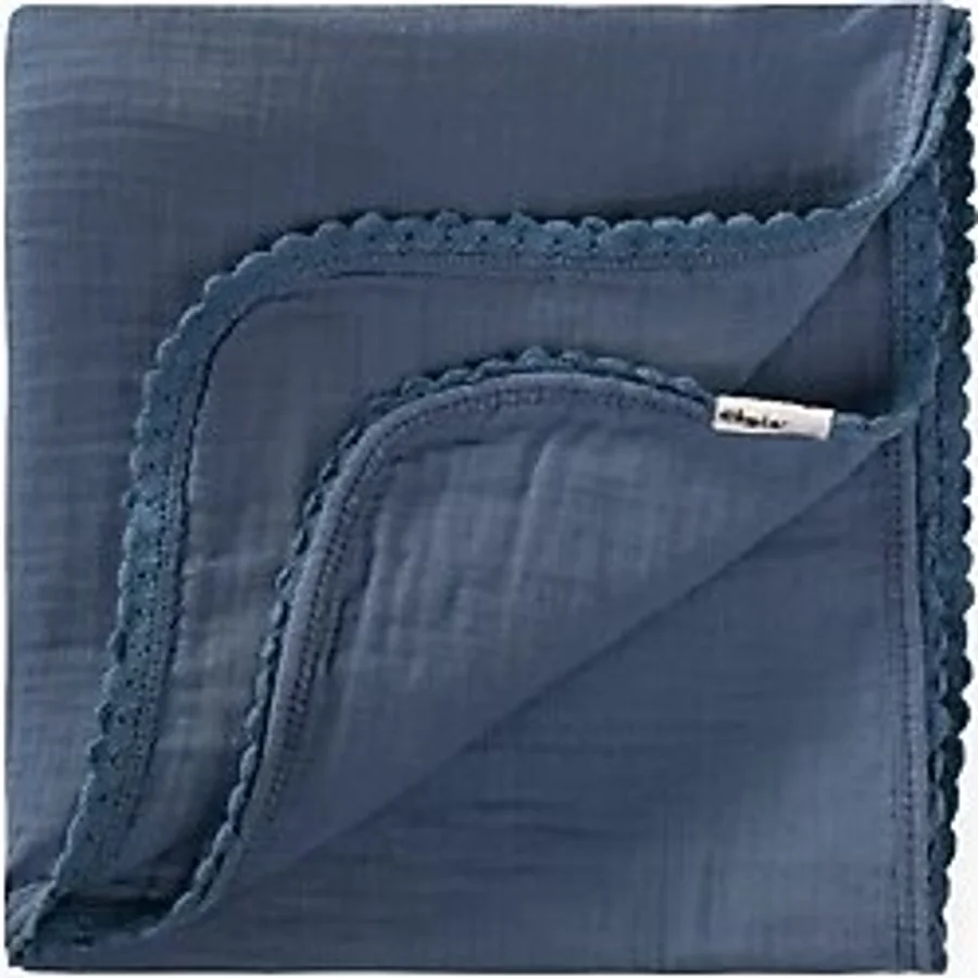 Çiftkat Ponpon Şeritli Müslin Bebek Battaniyesi100X100 cm +/- 3 cm İndigo Mavi