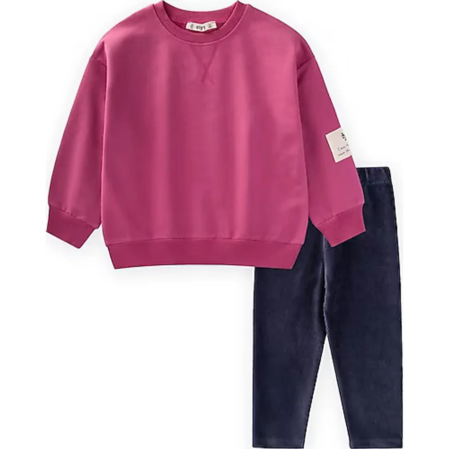 Cigit Kadife Taytlı Sweatshirt Takım 2-10 Yaş Fuşya