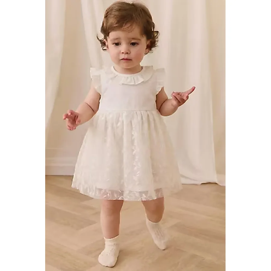 Cigit Yaprak Desen Tül Garnili Bebe Elbise 0-4 Yaş Kırık Beyaz