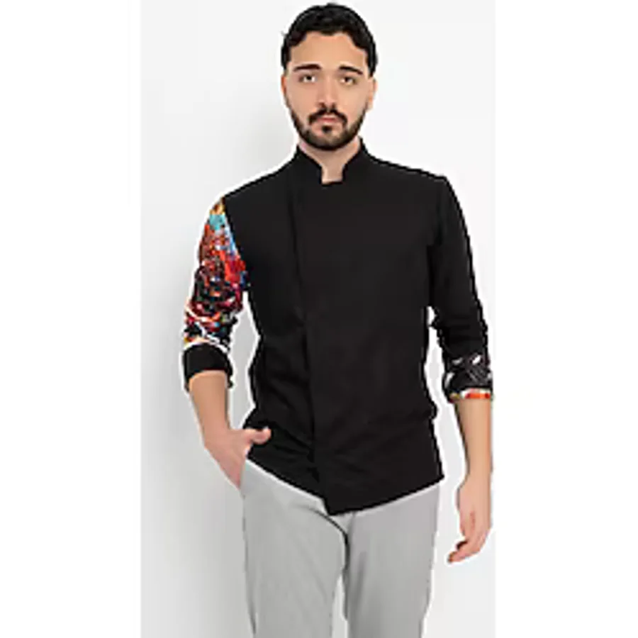 Çikolata Desenli Kol Detaylı Şef Ceket Aşçı Uniforma (Chef Ceket) Personel Kıyafeti - Siyah - 2XL