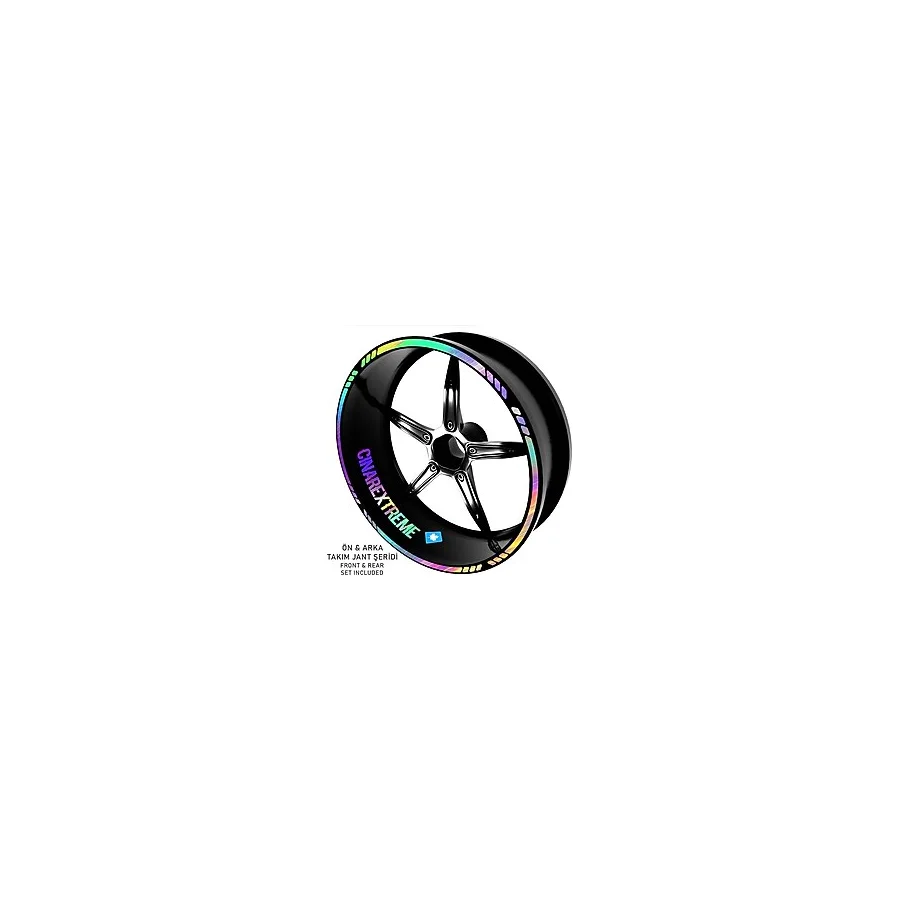 Çınar Extreme Rainbow Gökkuşağı Hologram Efektli 4 Parçalı Kesikli Motosiklet Jant Şeridi Sticker